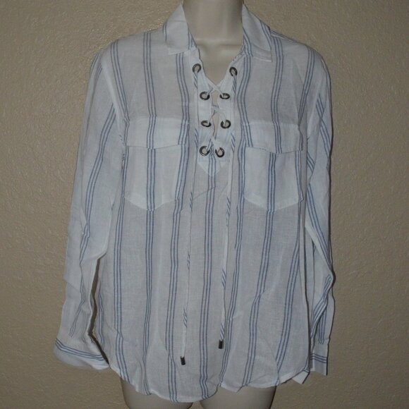 Sz S Rails White Blue Striped Linen Long Sleeve Lace Front Blouse - Picture 1 of 5